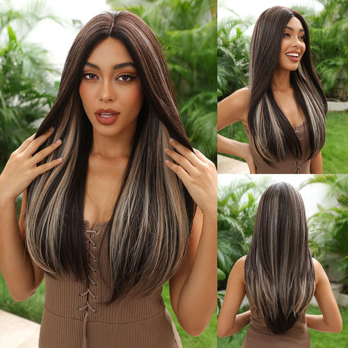 Long Straight Hairline Lace Front Synthetic Wig For Black Women Brown Mixed White Natural Middle Part Wig For Daily Cosplay
