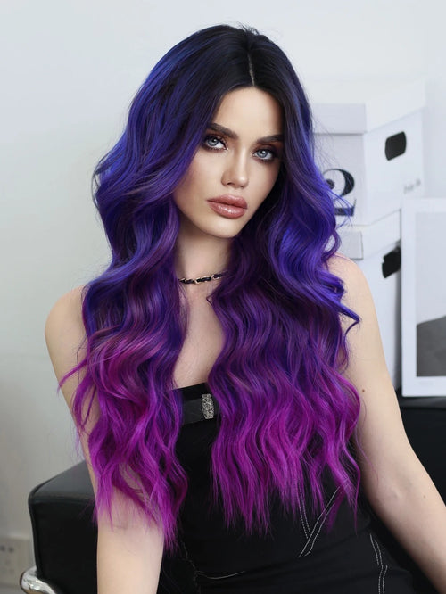 HD Transparent Lace Front Wig Blue Ombre Purple Body Wavy Wigs with Bangs High Density Synthetic Lace Frontal Side Part Wigs