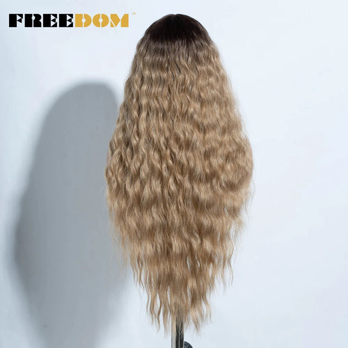 FREEDOM Curly Synthetic Lace Front Wigs For Women 30 inches Soft Wavy Ombre Blonde Ginger Highlight Cosplay Wigs Heat Resistant