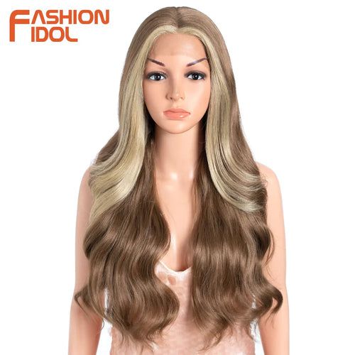 FASHION IDOL 26 inch Body Wave T Part Lace Wigs For Women Dyed Wigs Synthetic With Baby Hair Wigs Ombre Brown Daily Wigs Cosplay