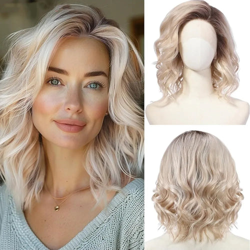 Short Wavy Synthetic Wig Ombre Blonde Layered Hair Side Part Lace Front Bob Wig 14 Inch Shoulder Length Heat Resistant Fiber