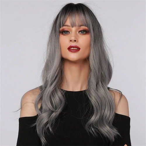Long Wavy Silver Ash Ombre Cosplay Synthetic Wigs Natural Curly Gray Black Hair Wig with Bangs for Women Afro Heat Resistant