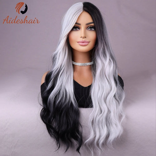Synthetic wig  european and American fake hair network celebrity women's double black and white long roll corn hot in the water