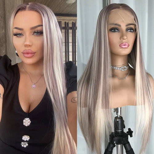 Ombre Blonde Straight Lace Front Wig Synthetic Lace Wigs Platinum Blonde with Brown Root Preplucked Baby Hair 150 Density Wig