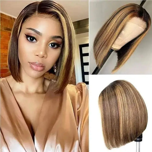 Highlight Wear Go Glueless Human Hair Straight Short Bob Wig P4/27 Colored 7x5 13x4 HD Lace Frontal Glueless Wigs Ready to Wear