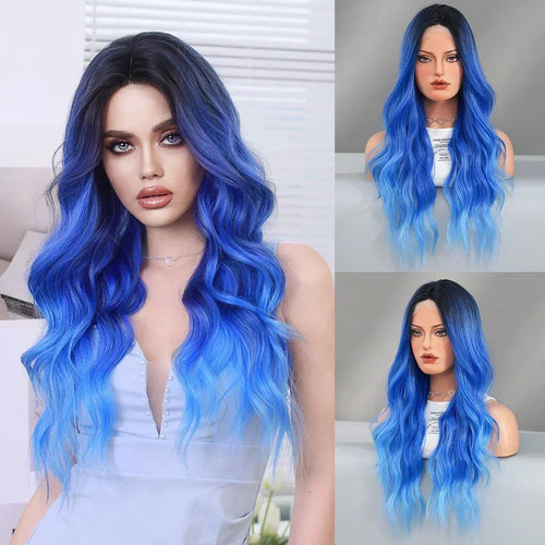 HD Transparent Lace Front Wig Blue Ombre Purple Body Wavy Wigs with Bangs High Density Synthetic Lace Frontal Side Part Wigs