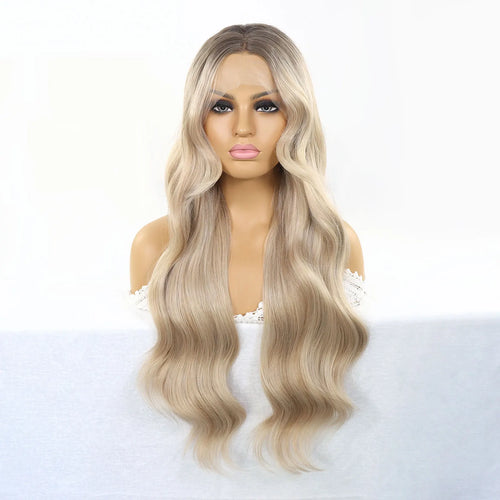 30 Inch Highlight Blonde Synthetic Lace Front Wigs Dark Roots Straight Long Ombre Ash Blonde Pre Plucked Colored Wigs for Women
