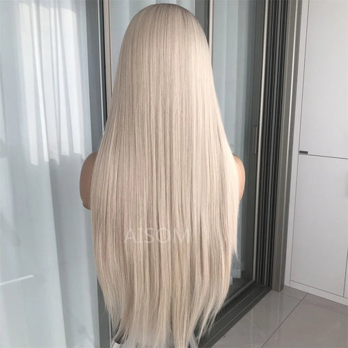Ombre Blonde Straight Lace Front Wig Synthetic Lace Wigs Platinum Blonde with Brown Root Preplucked Baby Hair 150 Density Wig