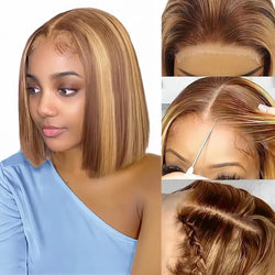 Highlight Wear Go Glueless Human Hair Straight Short Bob Wig P4/27 Colored 7x5 13x4 HD Lace Frontal Glueless Wigs Ready to Wear