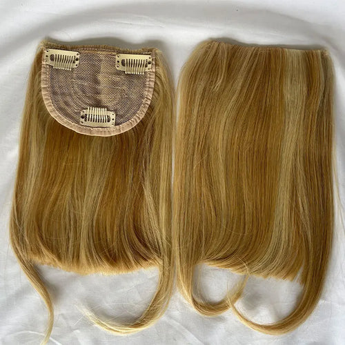 27P613 Blonde Mixed Brown Color Brazilian Human Hair Clip-in Hair Bangs Full Fringe Short Straight Hair Extension for women 6-8"