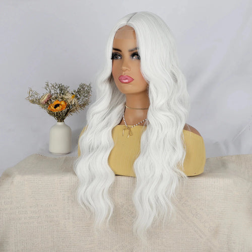 White Synthetic Wig for Women Long Lace Curly Wavy Cute Wigs Middle Part Hair Wigs Halloween Cosplay Daily Party Wigs  28 inch