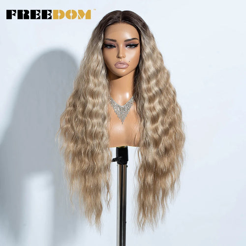 FREEDOM Curly Synthetic Lace Front Wigs For Women 30 inches Soft Wavy Ombre Blonde Ginger Highlight Cosplay Wigs Heat Resistant