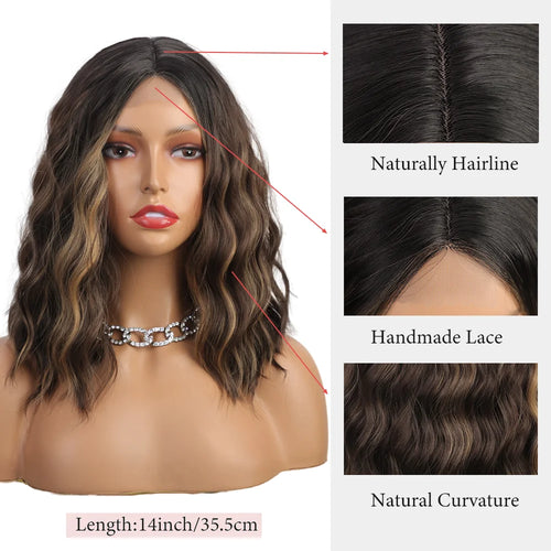 Short Synthetic Shoulder Length Middle Part Curly Wavy Bob Wig Natural Looking Heat Resistant Fiber Wig for Women Daily Use