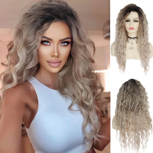 Womens Wig Long Synthetic Hair Ombre Blonde Curly Wigs Female Natural Wavy Drag Queen Regular Wig 80s Gradient Wigs for Student