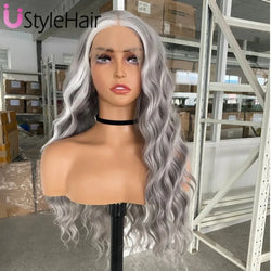Silver Wig with White Highlights Synthetic Long Deep Wave Lace Front Wig Natural Looking Daily Use Cosplay Light Grey Lace Wigs