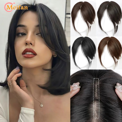 MEIFAN Synthetic Middle Part Topper Hairpiece with Bangs Clip-In Bangs Extension Natural Invisible Clourse Hairpiece for Women