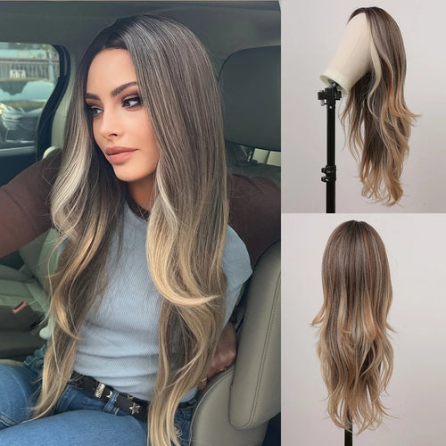 Long Straight Hairline Lace Front Synthetic Wig For Black Women Brown Mixed White Natural Middle Part Wig For Daily Cosplay