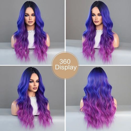 HD Transparent Lace Front Wig Blue Ombre Purple Body Wavy Wigs with Bangs High Density Synthetic Lace Frontal Side Part Wigs
