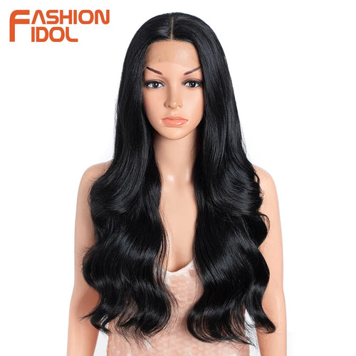 FASHION IDOL 26 inch Body Wave T Part Lace Wigs For Women Dyed Wigs Synthetic With Baby Hair Wigs Ombre Brown Daily Wigs Cosplay