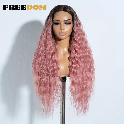 FREEDOM Curly Synthetic Lace Front Wigs For Women 30 inches Soft Wavy Ombre Blonde Ginger Highlight Cosplay Wigs Heat Resistant