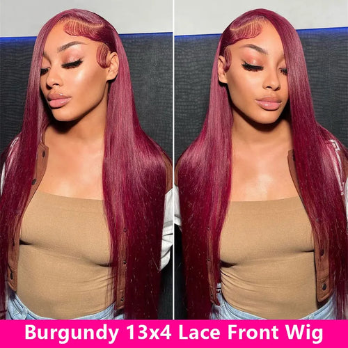 99j Burgundy Lace Front Human Hair Wig 40 Inch 13x6 Straight Lace Frontal Wigs HD Transparent Lace Colored Red Wig For Women