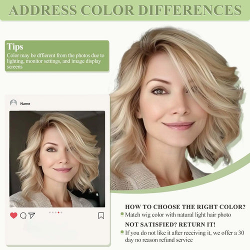 Short Wavy Synthetic Wig Ombre Blonde Layered Hair Side Part Lace Front Bob Wig 14 Inch Shoulder Length Heat Resistant Fiber
