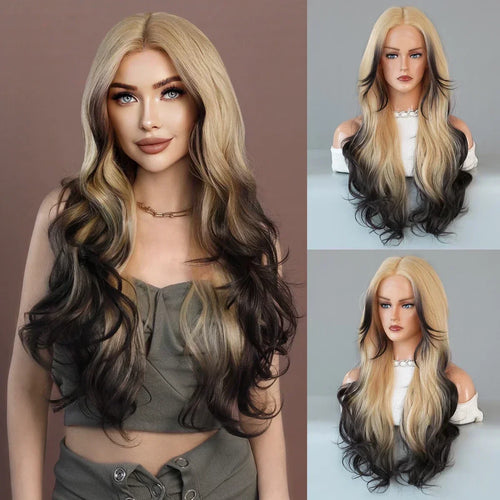 HD Transparent Lace Front Wig Blue Ombre Purple Body Wavy Wigs with Bangs High Density Synthetic Lace Frontal Side Part Wigs