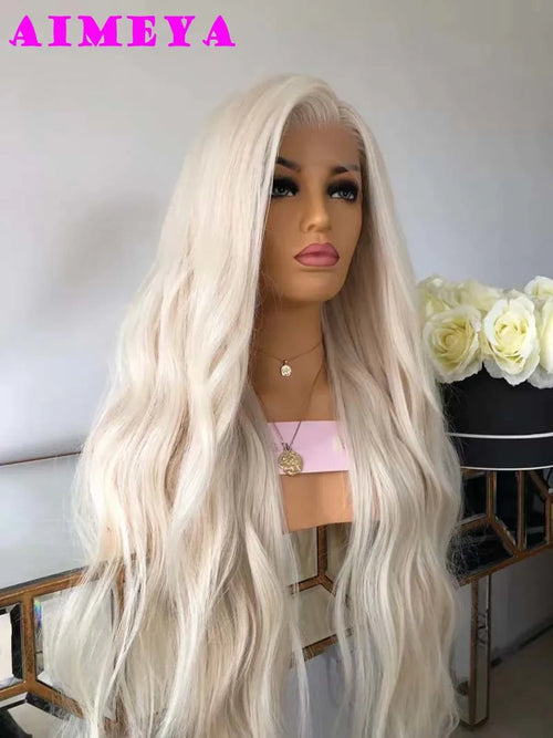 AIMEYA Platinum Blonde Lace Front Wigs for Women Long Natural Wave Synthetic Hair  Heat Resistant Fiber Hair Free Part