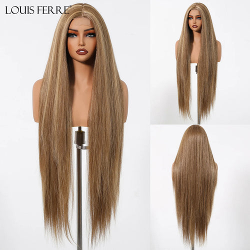 Long Straight Hairline Lace Front Synthetic Wig For Black Women Brown Mixed White Natural Middle Part Wig For Daily Cosplay