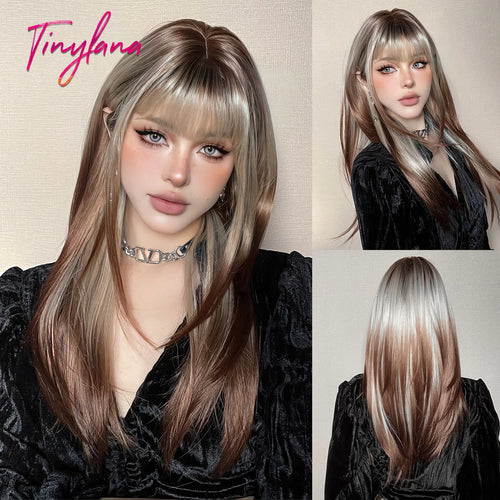 Long Straight Ombre Brown Synthetic Wigs with Bangs Brown Layered Wig Cosplay for Women Afro Daily Natural Hair Heat Resistant