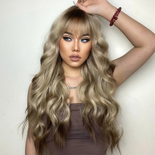 Blonde Brown Synthetic Wig With Bangs Long Curly Wigs For Women Ombre Blonde Wigs Dark Roots Heat Resistant Wigs For Daily Party