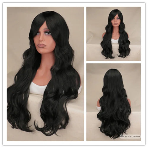 Women Long Wavy Cosplay Wig Red Rose Pink Black Blue Sliver Gray Brown Temperature Synthetic Hair Wigs