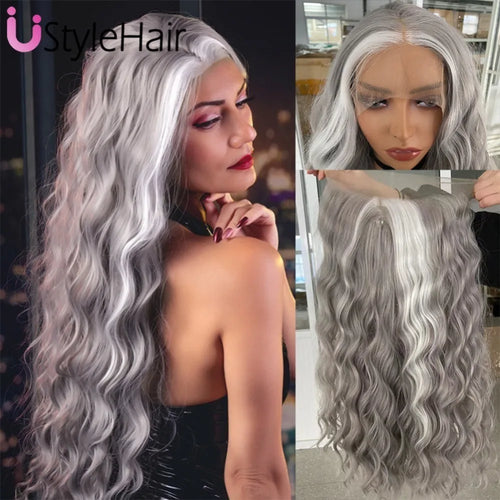 Silver Wig with White Highlights Synthetic Long Deep Wave Lace Front Wig Natural Looking Daily Use Cosplay Light Grey Lace Wigs