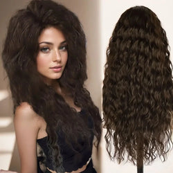 GNIMEGIL Synthetic Long Wave Cur Wigs Female Natural Brown Wig with Clip Free Part Side Bangs 80s Curly Wigs for Women Ombre Wig