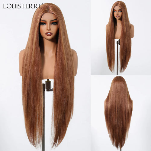 Long Straight Hairline Lace Front Synthetic Wig For Black Women Brown Mixed White Natural Middle Part Wig For Daily Cosplay