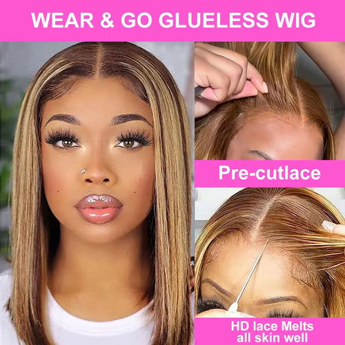 Highlight Wear Go Glueless Human Hair Straight Short Bob Wig P4/27 Colored 7x5 13x4 HD Lace Frontal Glueless Wigs Ready to Wear