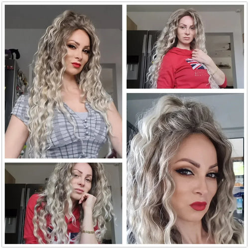 Womens Wig Long Synthetic Hair Ombre Blonde Curly Wigs Female Natural Wavy Drag Queen Regular Wig 80s Gradient Wigs for Student