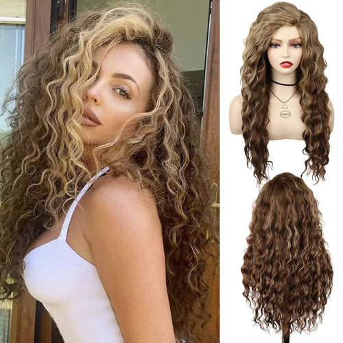 Womens Wig Long Synthetic Hair Ombre Blonde Curly Wigs Female Natural Wavy Drag Queen Regular Wig 80s Gradient Wigs for Student