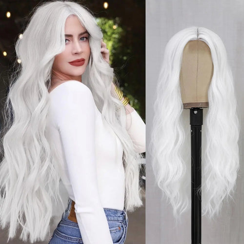White Synthetic Wig for Women Long Lace Curly Wavy Cute Wigs Middle Part Hair Wigs Halloween Cosplay Daily Party Wigs  28 inch