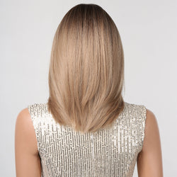 Short Layered Synthetic Wig Ombre Brown Medium Length Straight Natural Looking Hair Wig with Bangs Heat Resistant for Women Afro
