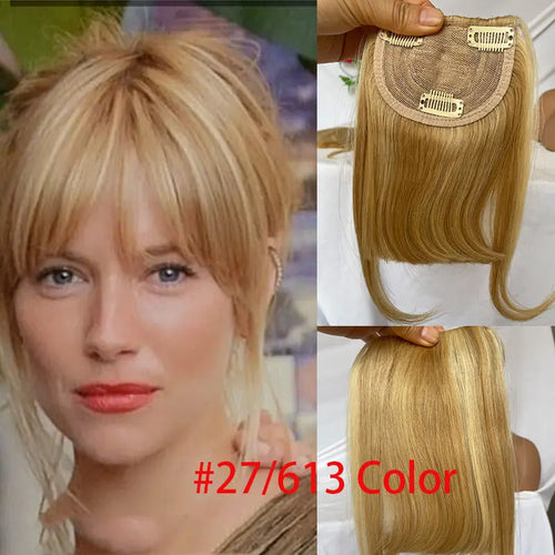 27P613 Blonde Mixed Brown Color Brazilian Human Hair Clip-in Hair Bangs Full Fringe Short Straight Hair Extension for women 6-8"