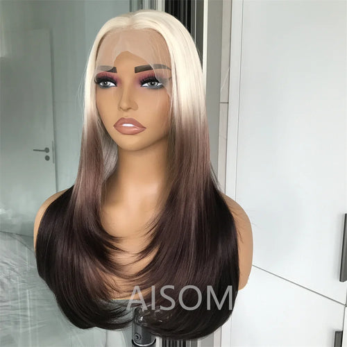 13x4 Lace Front Wig Highlight Brown Layered Straight Synthetic Lace Wigs for Women Blonde mix Brown Colored Wig Pre Plucked