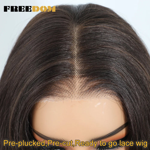 FREEDOM Synthetic Lace Front Wigs For Woman Long Body Wave Lace Wig Ombre Brown 6x4 Pre Plucked Pre Cut Wear and Go Glueless Wig