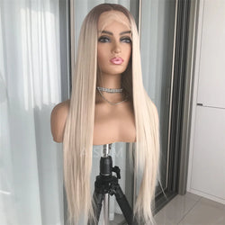 Platinum Ash Blonde Long Straight Lace Front Wig with Brown Roots Pre Plucked Heat Resistant Synthetic Lace Wigs Daily Use