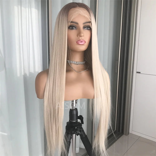 Platinum Ash Blonde Long Straight Lace Front Wig with Brown Roots Pre Plucked Heat Resistant Synthetic Lace Wigs Daily Use