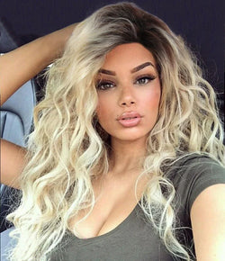Womens Wig Long Synthetic Hair Ombre Blonde Curly Wigs Female Natural Wavy Drag Queen Regular Wig 80s Gradient Wigs for Student