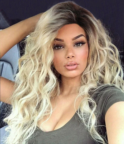 Womens Wig Long Synthetic Hair Ombre Blonde Curly Wigs Female Natural Wavy Drag Queen Regular Wig 80s Gradient Wigs for Student