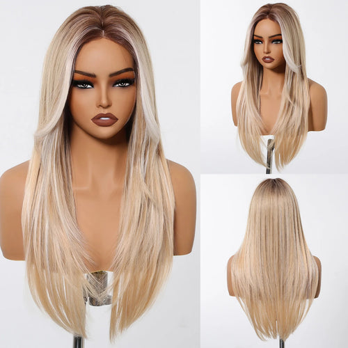 Long Straight Hairline Lace Front Synthetic Wig For Black Women Brown Mixed White Natural Middle Part Wig For Daily Cosplay