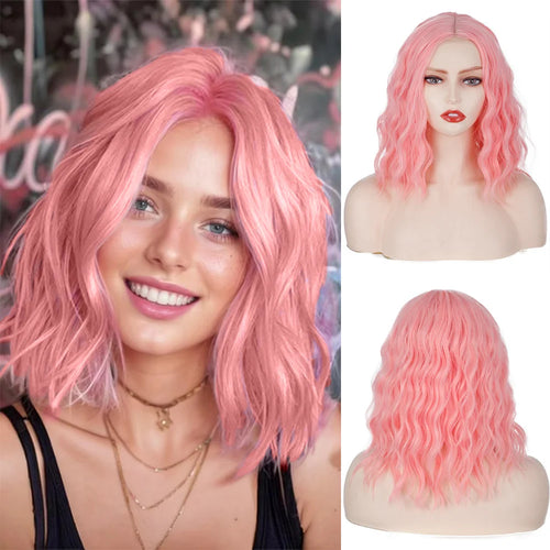 Short Synthetic Shoulder Length Middle Part Curly Wavy Bob Wig Natural Looking Heat Resistant Fiber Wig for Women Daily Use