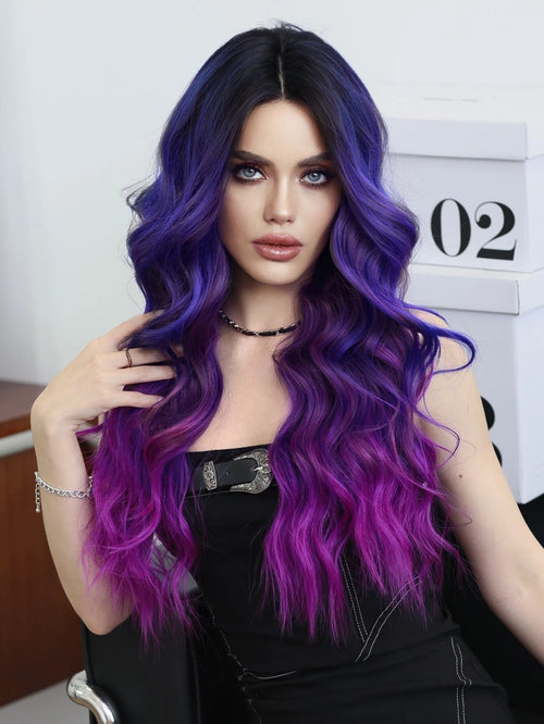 HD Transparent Lace Front Wig Blue Ombre Purple Body Wavy Wigs with Bangs High Density Synthetic Lace Frontal Side Part Wigs